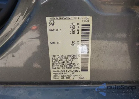 2020 Nissan Altima S Fwd z USA, uszkodzony, nr VIN 1N4BL4BV8LC247405